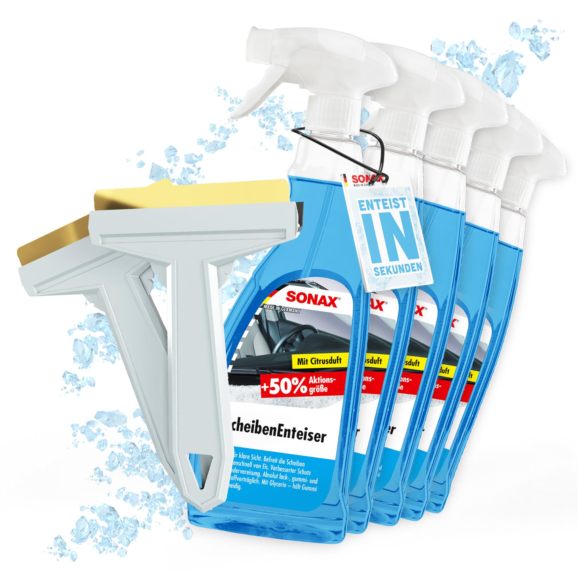 Set di 5 sbrinatori per parabrezza, spray Sonax, 750 ml, per parabrezza auto + 2 raschietti per ghiaccio Murska con lama in ottone, per una visione chiara
