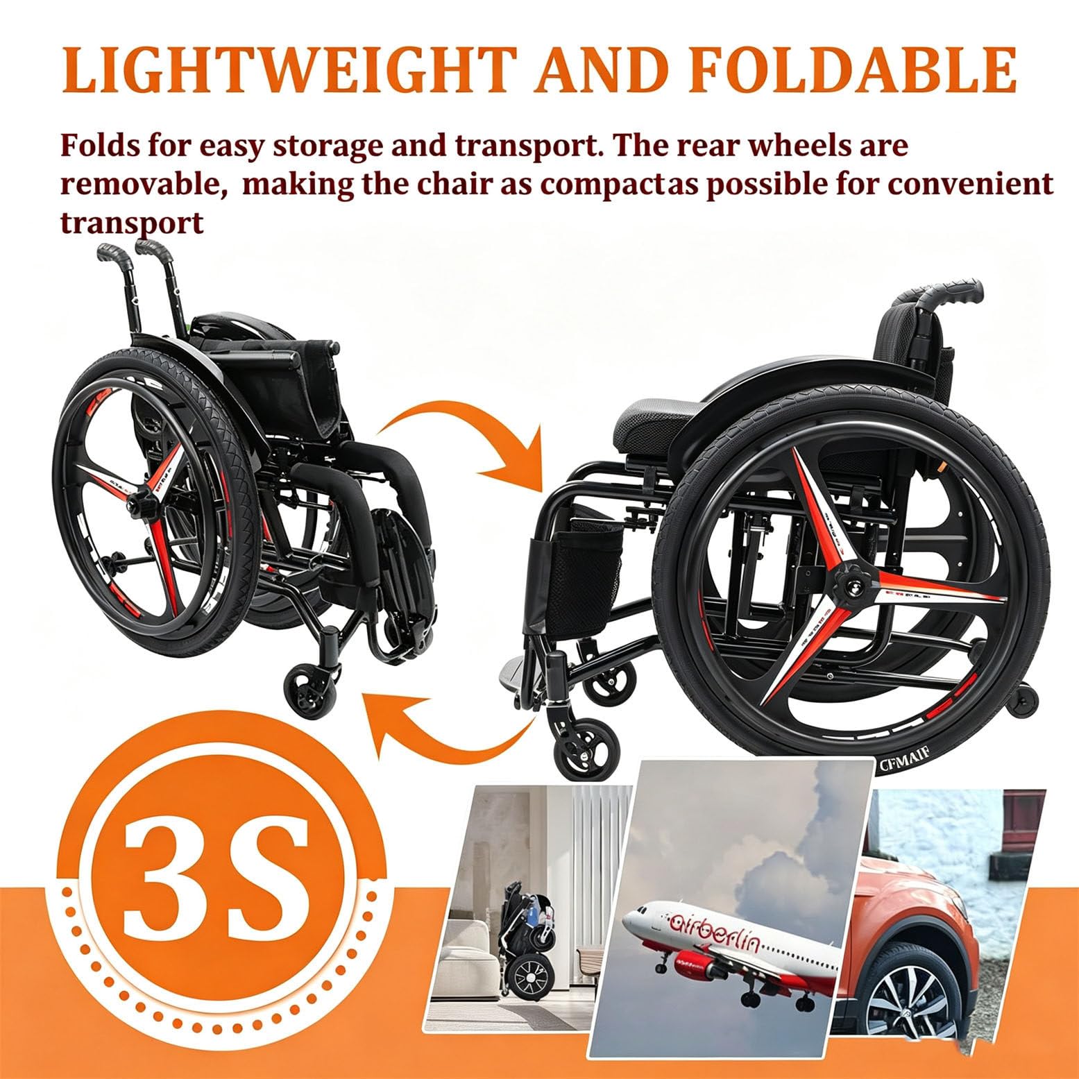 Carrozzina Sportiva Pieghevole per Trasporto 38cm/15in | Portata 100 kg, ruote posteriori da 24 pollici, carrozzina portatile per viaggi