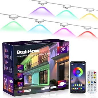 Permanent Outdoor Lights Pro, 100ft with 60 RGB+IC LED Lights for House, 75 Scene Modes,IP68 Waterproof Eave lights Compatible with Alexa, Google Assistant for Halloween Christmas Outdoor Daily Decor