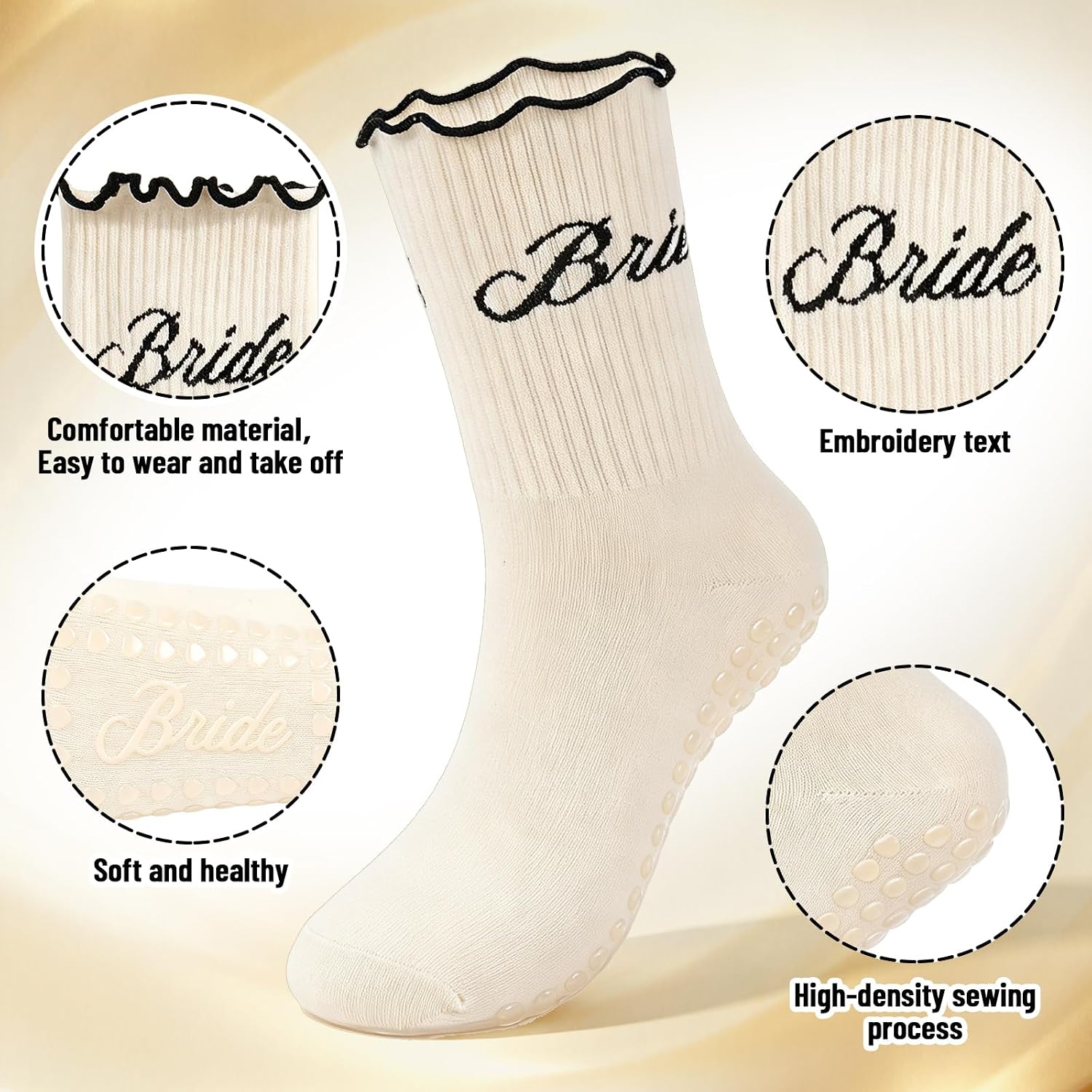 FYSUIMU Bride Ruffle Socks White Bridal Pilates Socks with Black Embroidery for Wedding Engagement Bridal Shower Gift Getting Ready Outfit Bride to Be Supplies