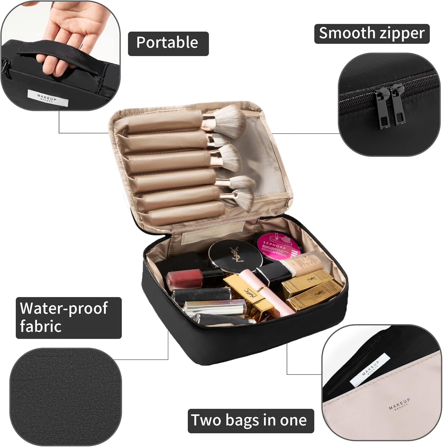 Queboom Travel Makeup Bag Cosmetic Bag Makeup Bag Toiletry bag for women and girls (Black) : Beauty & Personal Care