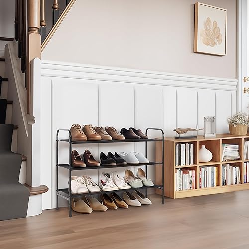 Miniatura 4 de MAX Houser Zapatero de 3 niveles, estante de almacenamiento de zapatos de metal para 9-12 pares, fácil de montar, entrada, dormitorio, negro