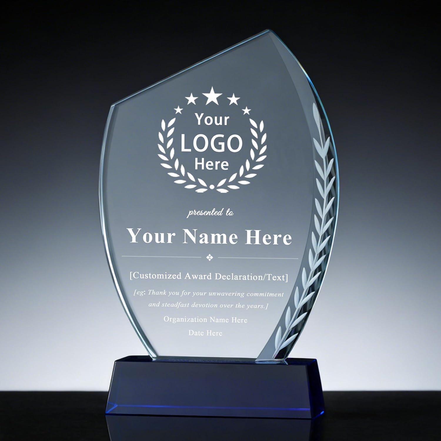 Custom K9 Crystal Trophy with Blue Base - Personalized Engraved Plaque with Logo/Text, Employee of the Month Award, Retirement Gift for Manager, Boss, Coworker