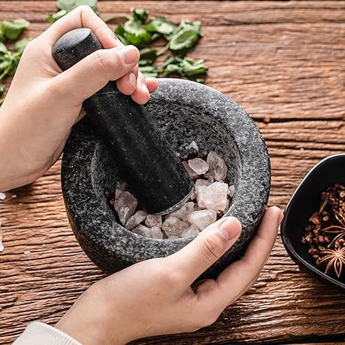 Molinillo de ajo de 5.5 pulgadas, molinillo de condimentos, juego de mortero y mortero de granito resistente, cuenco de piedra sin pulir para