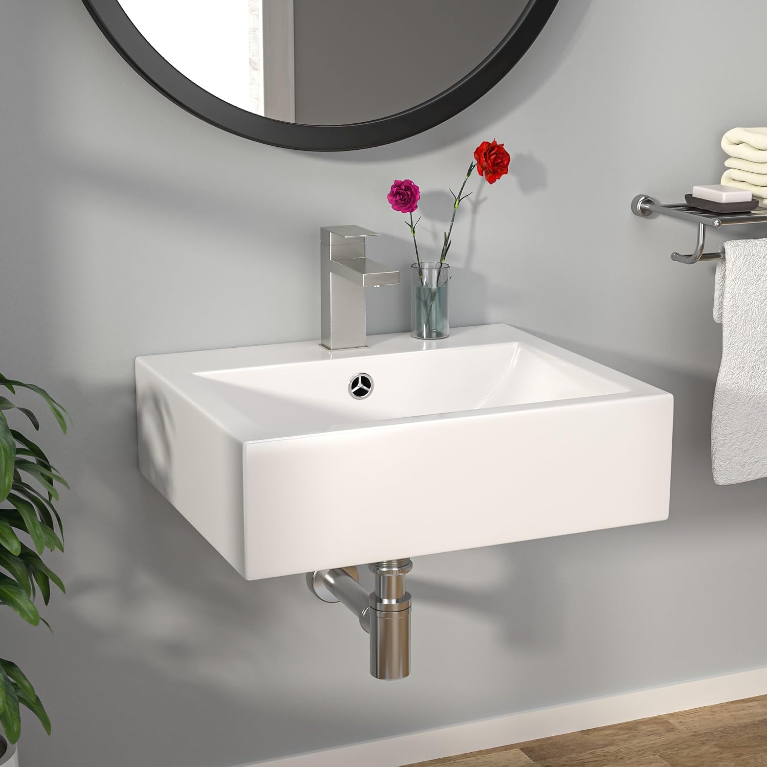 Rectangular White Ceramic Wall-Mount Bathroom Sink with Polished Finish