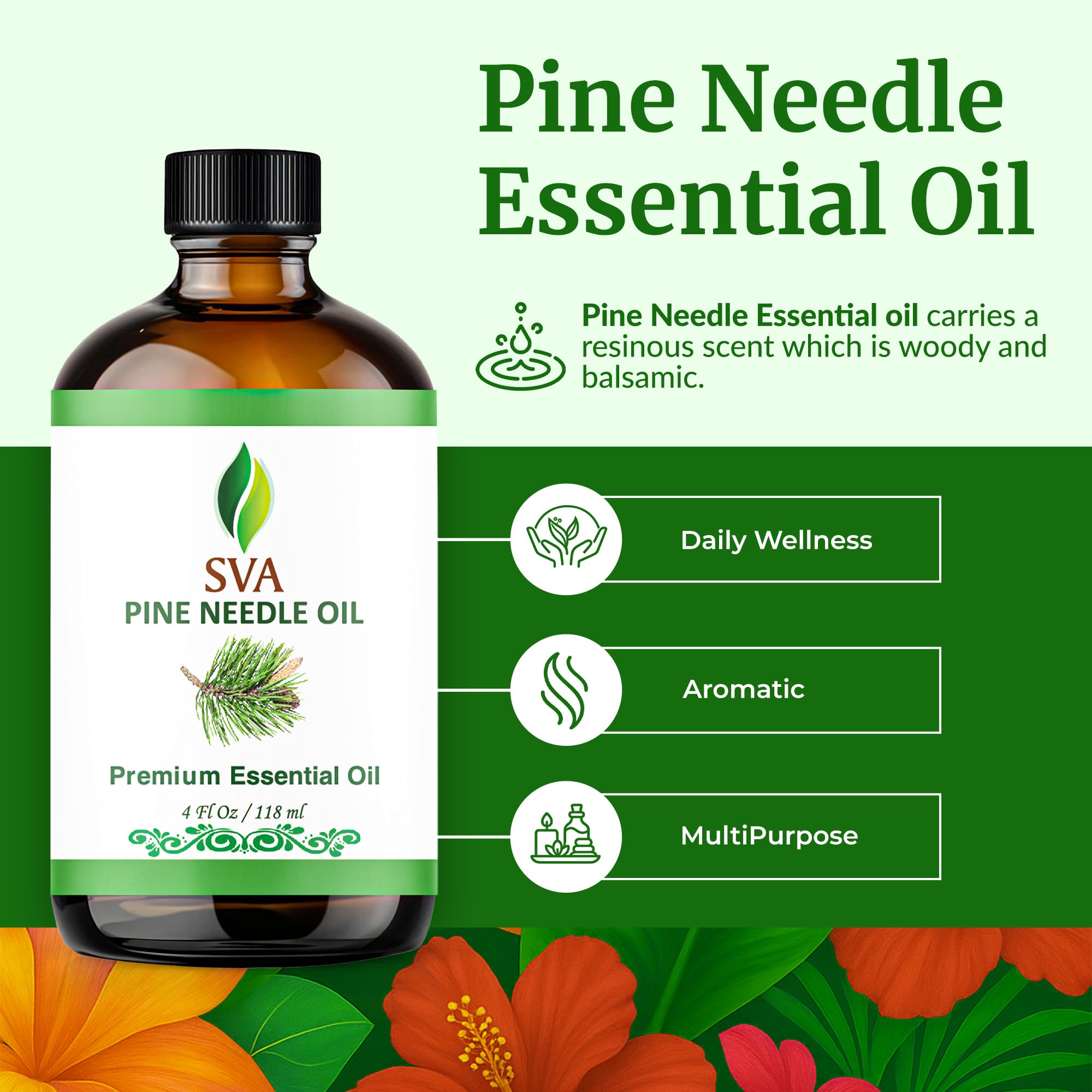 SVA ORGANICS Aceite esencial de aguja de pino Tamaño grande (118 ML) Grado terapéutico, 100% puro Aceite de grado para el cuidado de la piel y el cabello 4 Fl Oz (Paquete de 1)