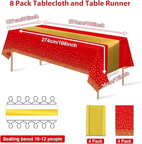 Miniatura 2 de Juego de 8 manteles desechables de plástico para fiestas y camino de mesa de satén rojo y dorado, mantel de satén dorado para bodas, cumpleaños,