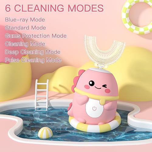 Miniatura 3 de Cepillo de dientes eléctrico en forma de U para niños con 4 cabezales de cepillo, cepillos de dientes ultrasónicos de dinosaurios de dibujos