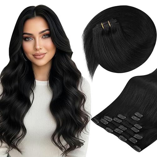 Sunny Hair - Extensiones de clip de cabello humano lacio - color negro (Off Black) - 24 pulgadas, 7 unidades, 4.23 onzas