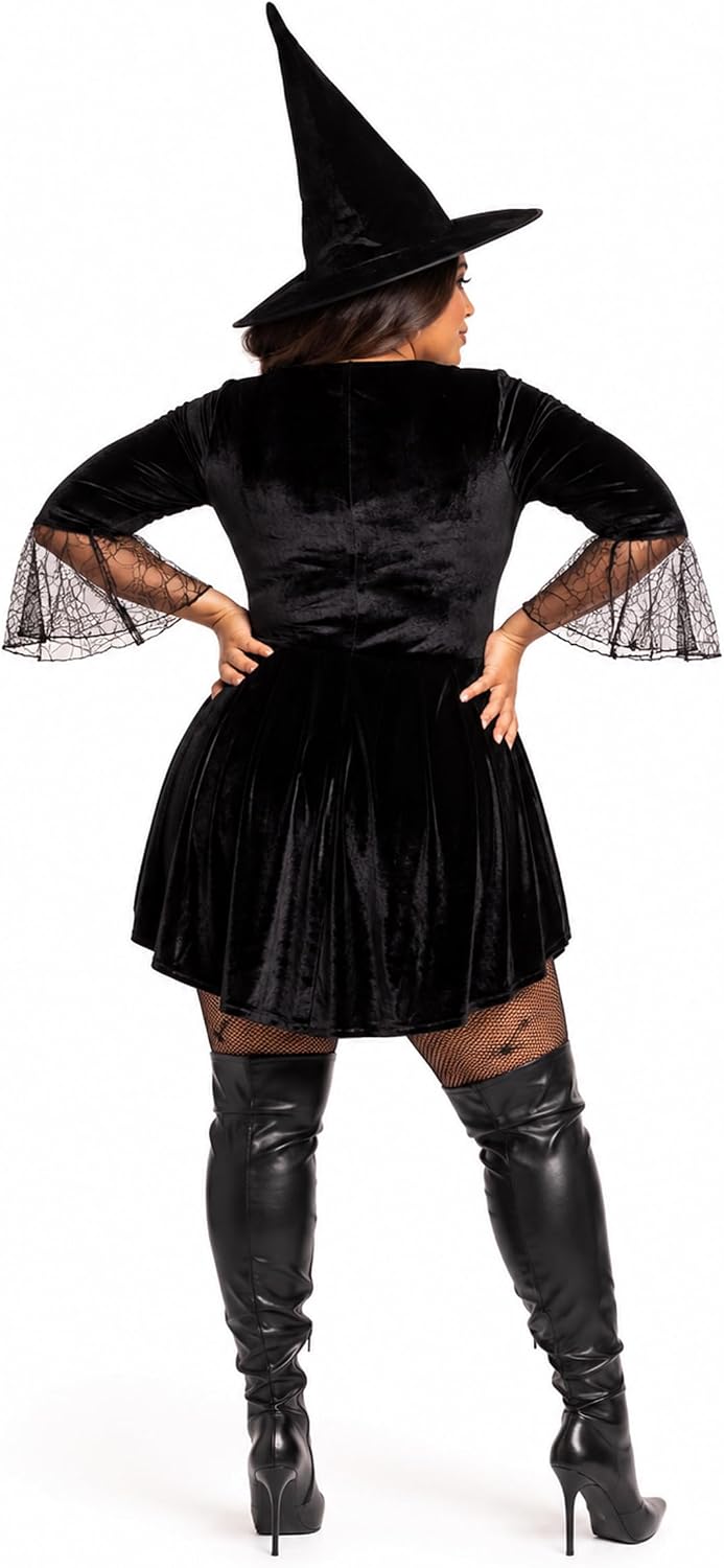 Tipsy Elves Women's Witch Halloween Costume - Sexy Classic Witch Bodysuit with Hat - Black Velour, Lace Sleeves