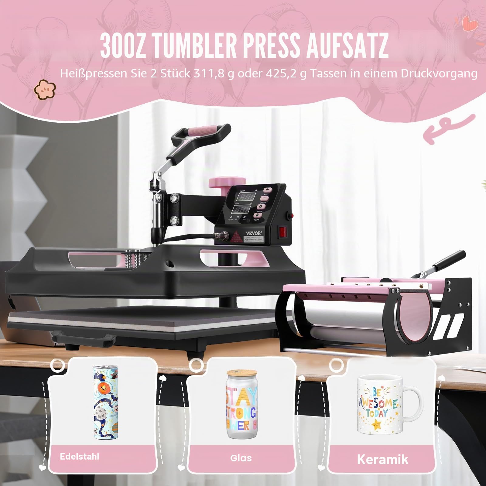VEVOR Hitzepresse, 8 in 1 Wärmeübertragungsmaschine mit 887 ml Tumbler-Presse, 360° wegschwenkbare digitale T-Shirt-Pressmaschine, 38 x38 cm, Teflonbeschichtung, für T-Shirts/Tassen/Hüte/Teller