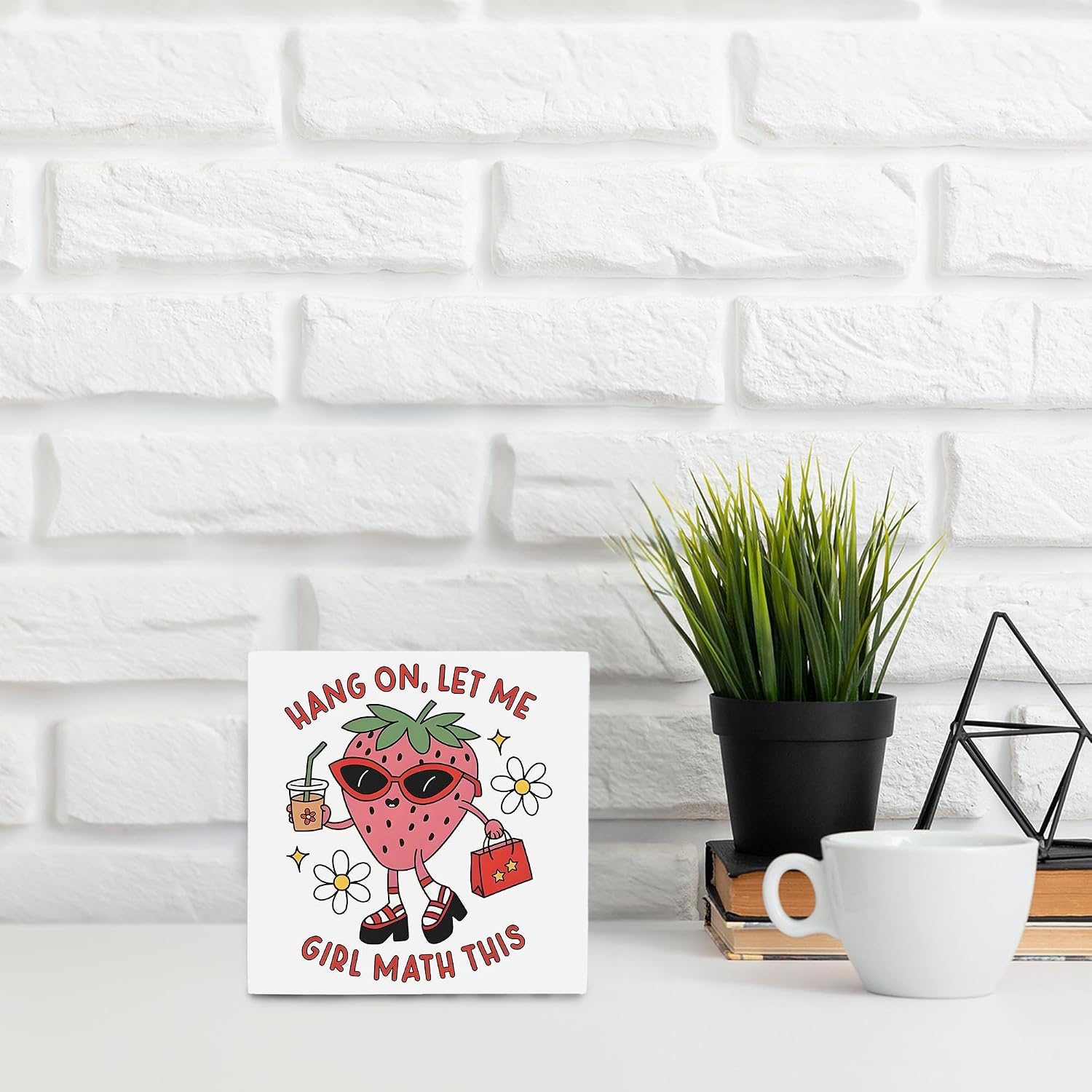 OFlich Preppy Strawberry Wooden Box Sign 5x5 Inches - Strawberry Gifts for Women, Trendy Desk Sign for Dorm Girls Room, Cute Wooden Signs for Home Decor image 2