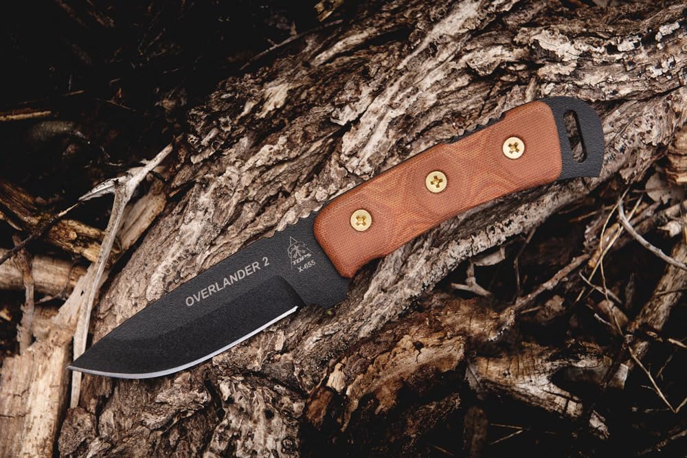 Tops Knives Overlander 2 Full Tang Fixed Blade- Black Traction Coating Blade Finish- Black Kydex Sheath w/Rotating Spring Steel Clip (Tan Canvas Micarta Handle)