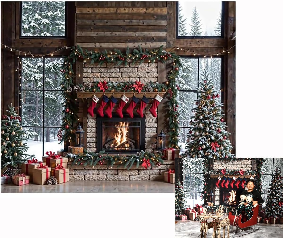 Kate 10x8ft Merry Christmas Backdrops for Photography Xmas Trees Background Santa Socks Brick Fireplace Background Celebrate Holiday Party Banner