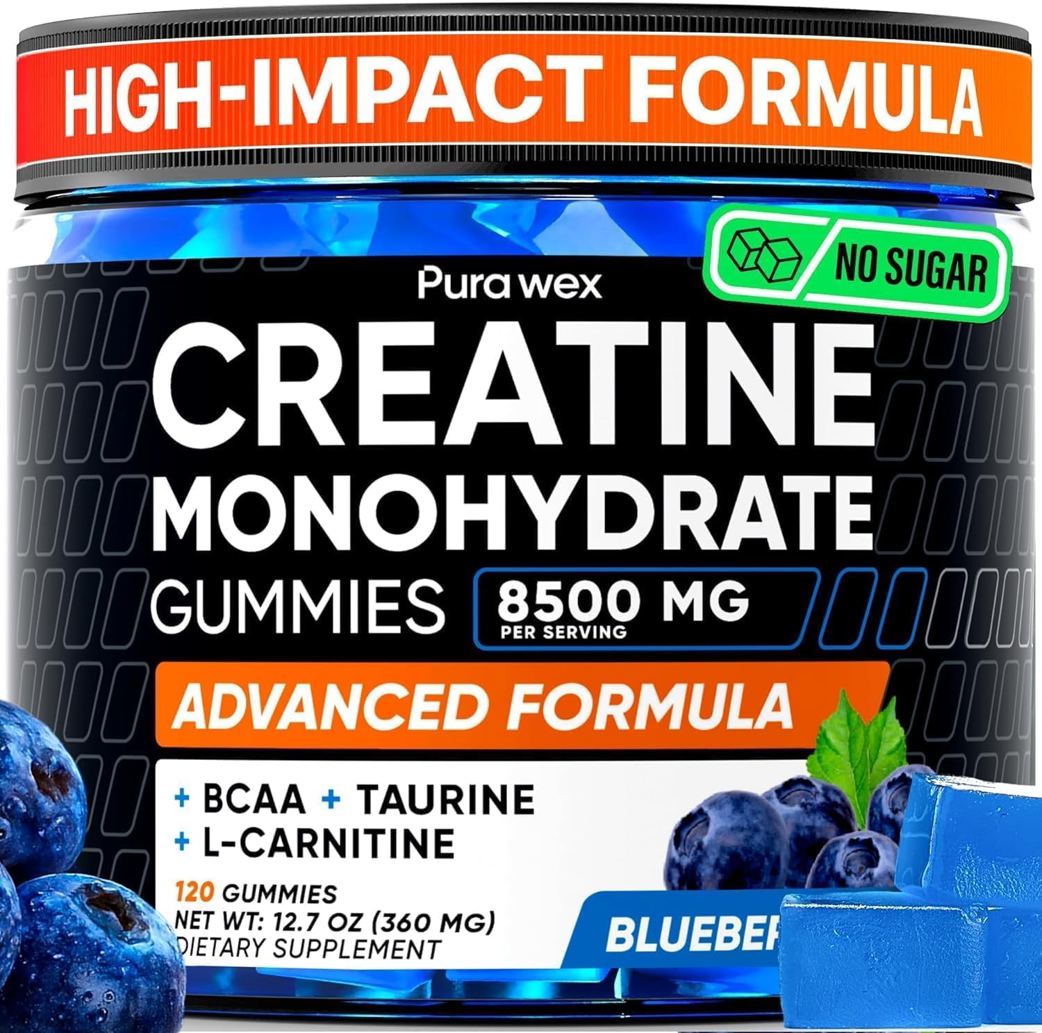 Creatine Monohydrate Gummies 8500mg Complex for Men & Women - Pre Workout Creatine Chews for Muscle Growth, Strength & Energy, Sugar Free, Vegan, Blueberry Flavor - 120 Count