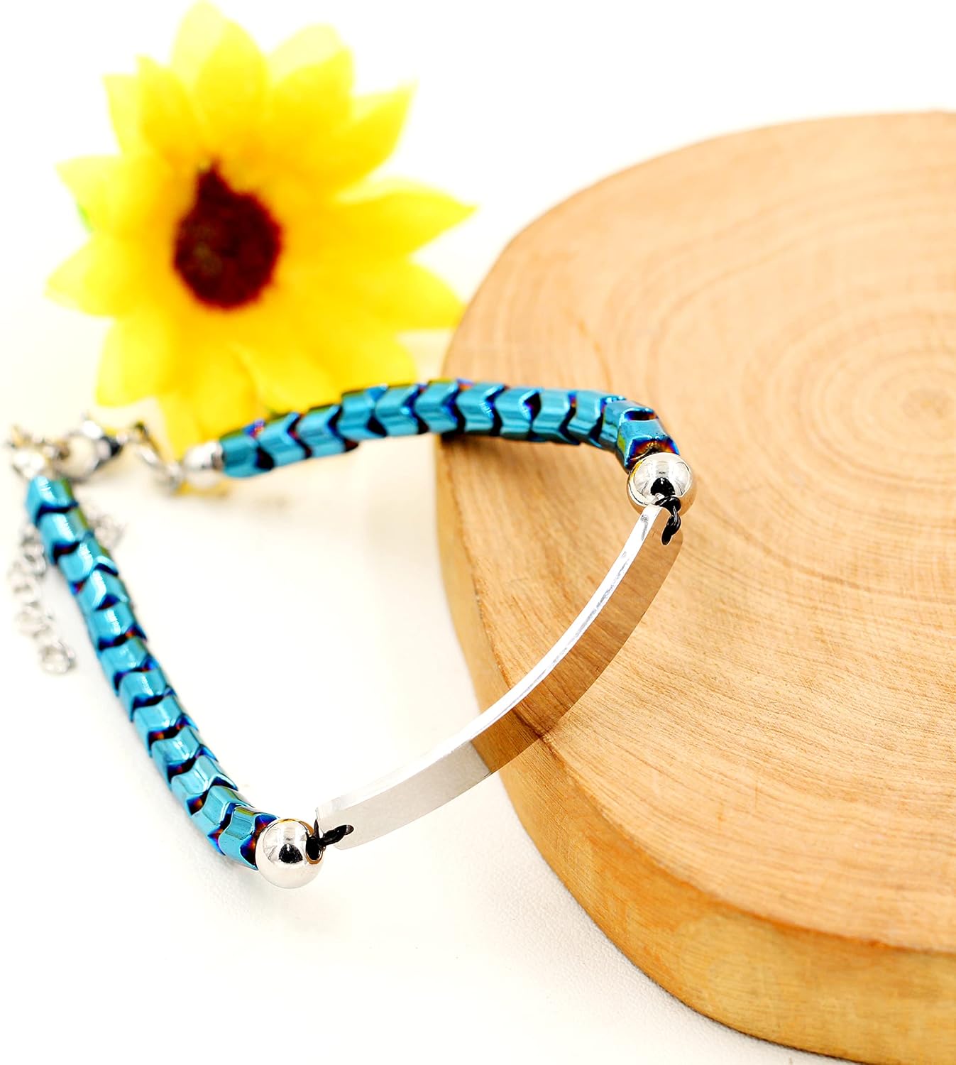 Customize Engrave Name Bracelet - Blue Hematite Stone Beads Stainless Steel Chain Bracelet - Personalized Name ID Plate Bracelet for Women Men Y1904