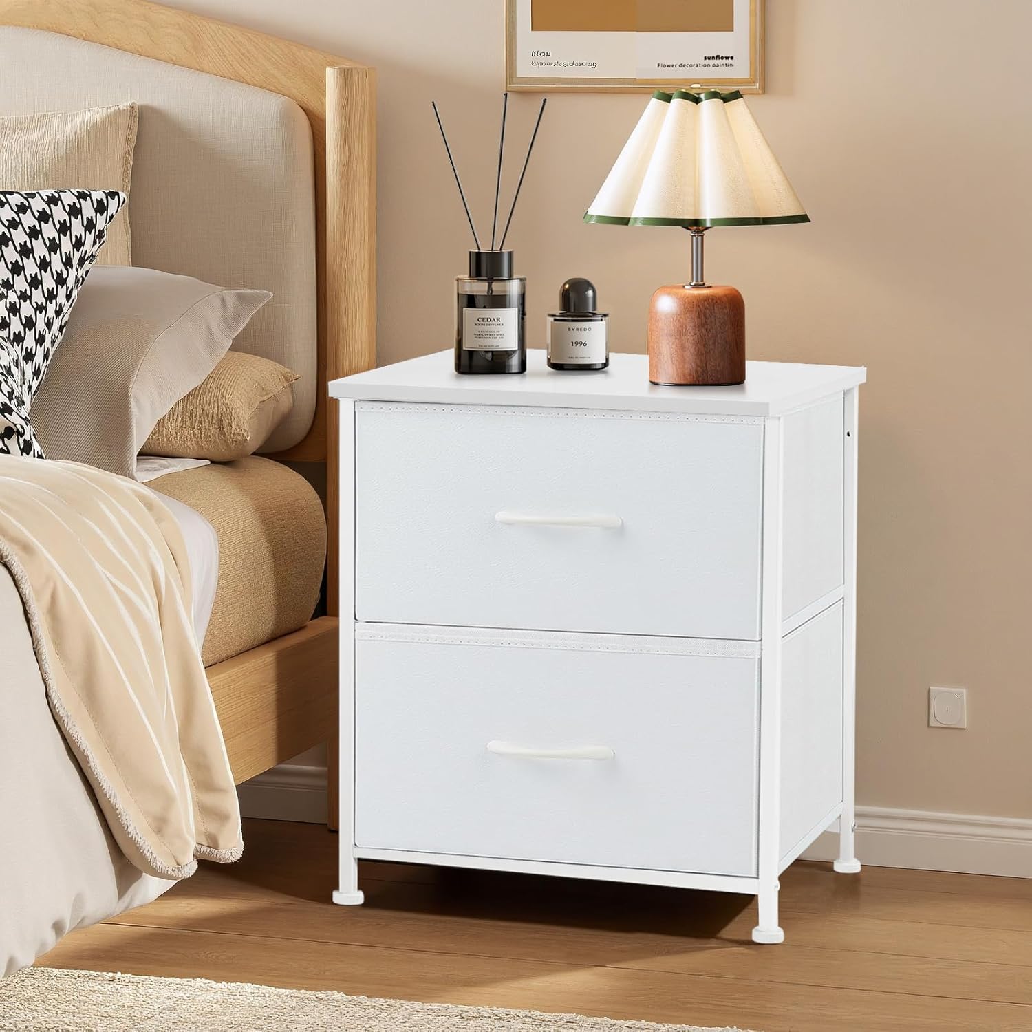 Nightstand Set of 2, Small 2 Drawer Dresser End Table Bedside Furniture, Wooden Top Fabric Bins for Bedroom, Closet, Entryway, Dorm, 11.8" D x 18" W x 20", White