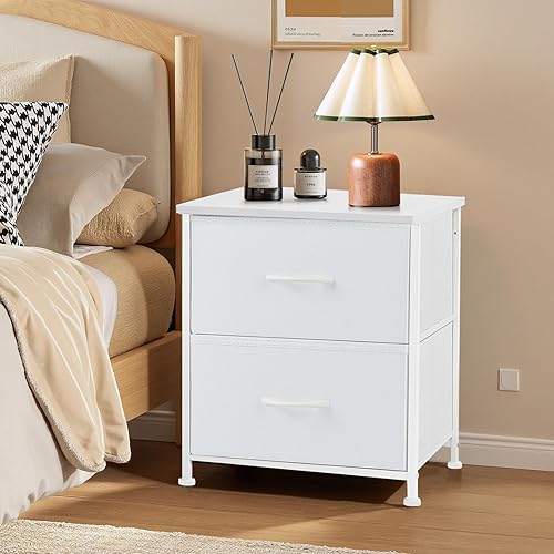 Miniatura 2 de Mesita de noche, pequeña cómoda de 2 cajones mesa auxiliar muebles de cabecera, contenedores de tela con superficie de madera para dormitorio,