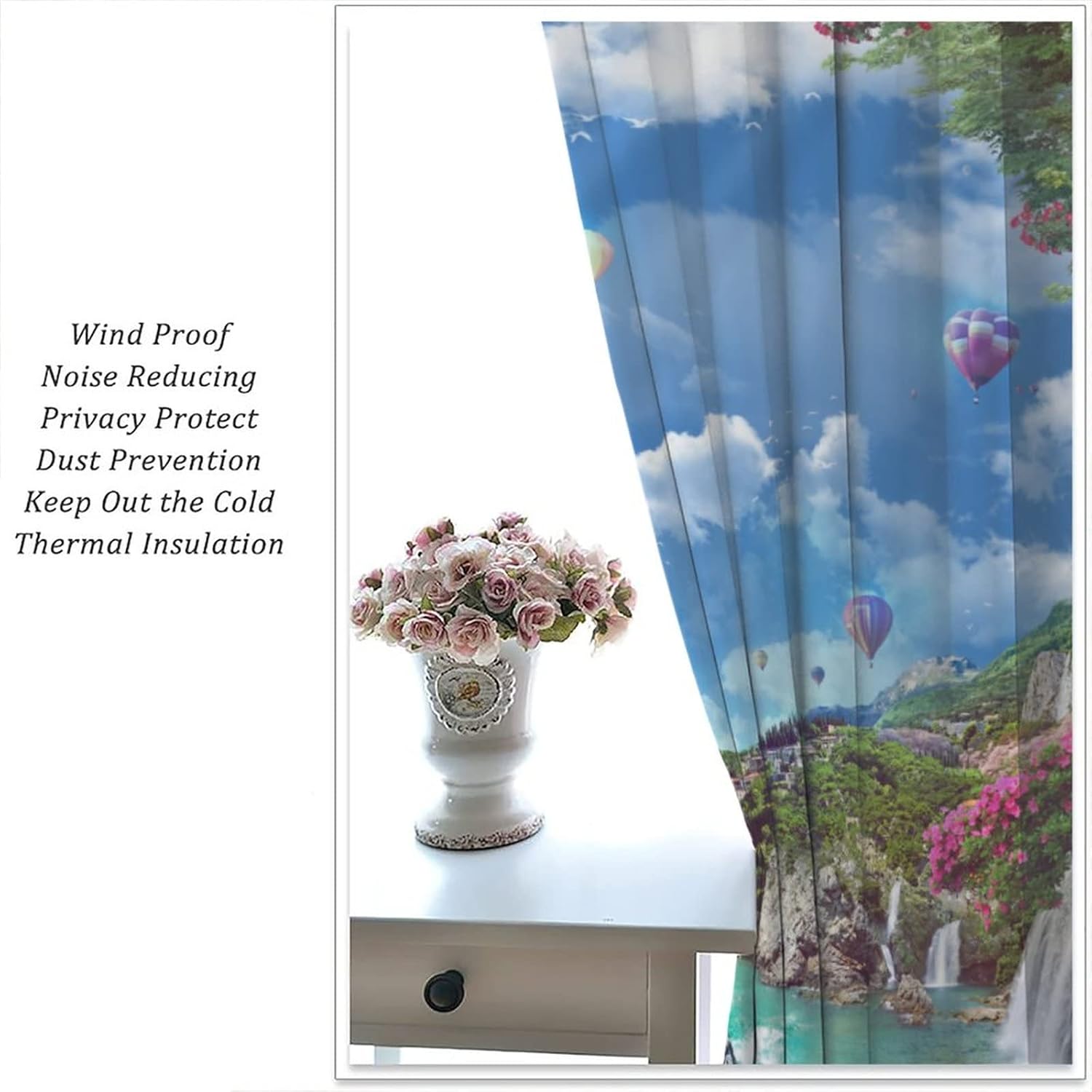 Coastal Scenery Curtains, Beautiful Scenery by The Sea with Balloon Waterfall Red Flowers, Suitable Bedroom Living Room Blackout Noise Reduction Decorative Curtains, 2 Panel Set, 42x63 Inches