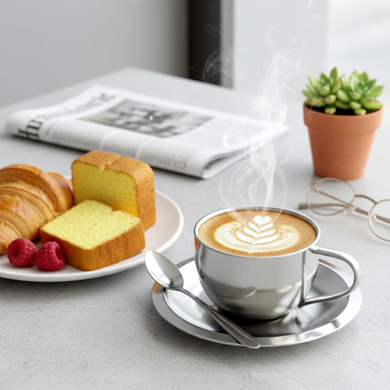 4 Pack Stainless Steel Coffee Cup Set, 6oz Insulated Espresso Cups with Spoon and Saucer, Stainless Steel Double Walled Coffee Mugs for Latte, Cappuccino, Tea, Milk