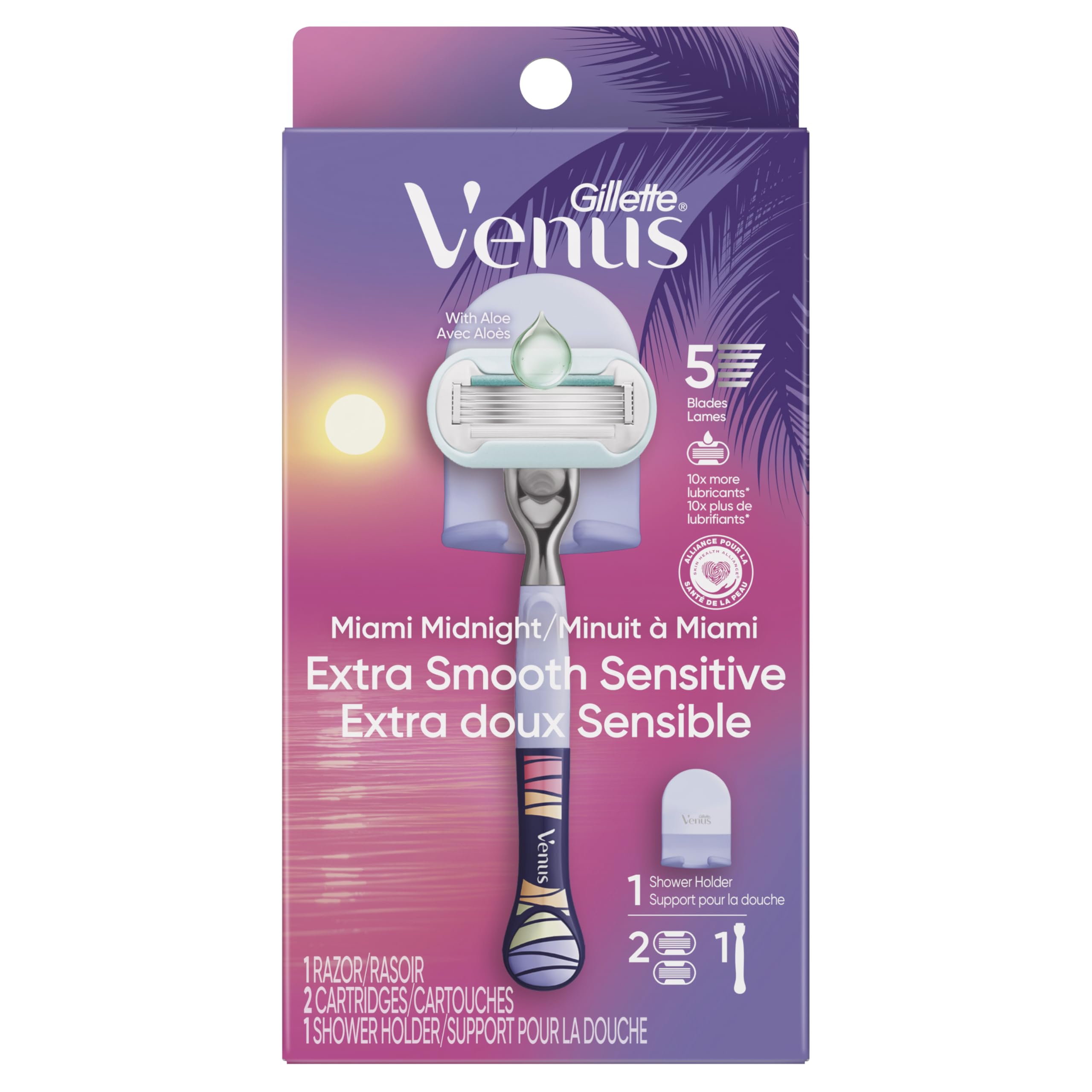 Gillette Venus Miami Midnight Extra Smooth Sensitive Razor Handle, 2 Refills, 1 Shower Hook