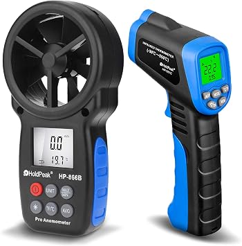 HOLDPEAK 981C Non-Contact Infrared Thermometer Digital Laser Infrared Thermometer -58 to 1022F -50 to 550C with Adjustable Emissivity + 866B Digital Anemometer Handheld Wind Speed Meter 2Packs