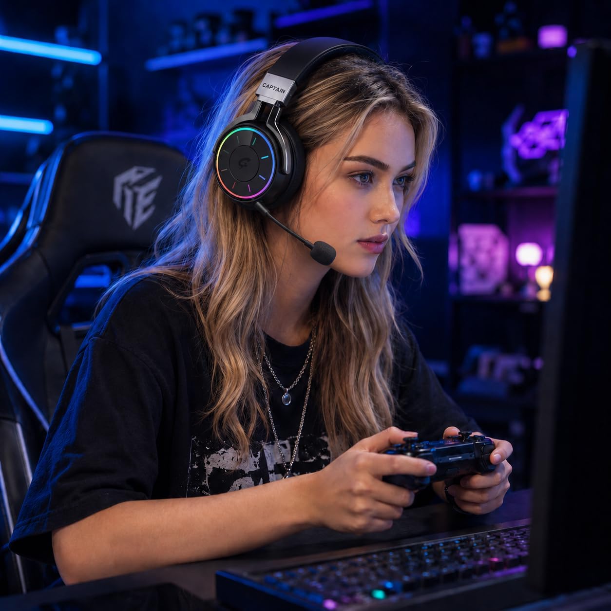 AOC 2.4GHz Wireless Gaming Headset for PS5, PC, PS4 - RGB Light Gaming Headset, 60 HR Battery, 7.1 Surround Sound, Bluetooth 5.4 Gaming Headphones with Mic(Black)
