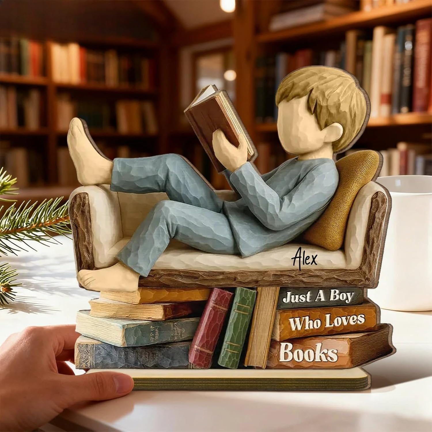 Personalized Just A Girl/Boy Who Loves Books,Personalized Wooden Plaque Man Woman Book Lover Reading Book on Sofa,Loves Books Wooden Figurine,Library Decor,Gift for Book Lover (man,6"/15cm)
