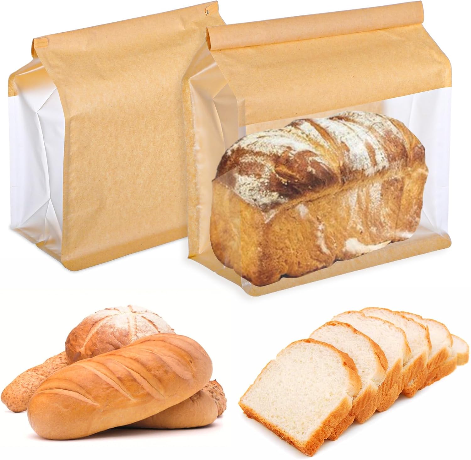 100 Pcs Heavy Duty Large Paper Bread Bags with Tin Tie Tab Lock, Loaf Bag with Clear Front Window, Storage Packaging Treat Bag for Bakery Cafe Homemade Bread 11.2” × 4.3” × 8.7”