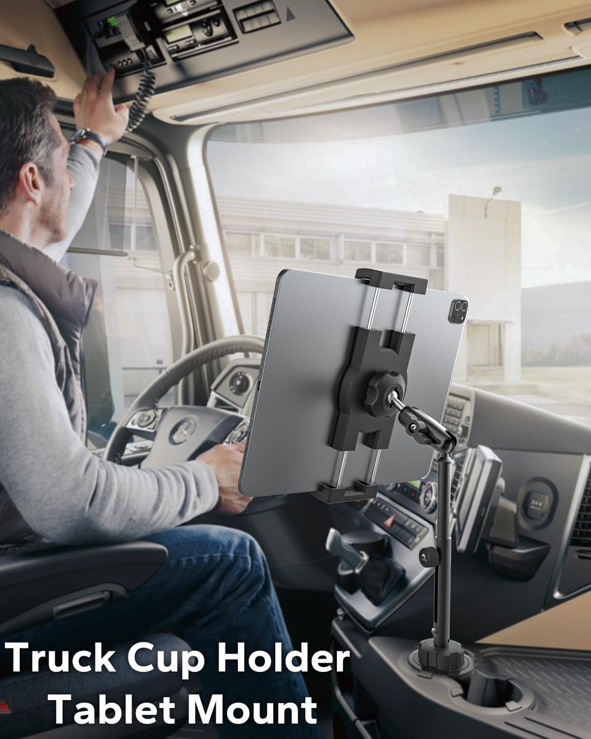 GDZN Metal Cup Holder Tablet Mount for Car Cupholders 2.6"-4" in Diameter, Adjustable iPad Clamp for 4.7"-15.6" Tablets, Heavy-Duty Aluminum Arm, 360° Rotation & Anti-Slip Cars Pickups Trucks SUVs