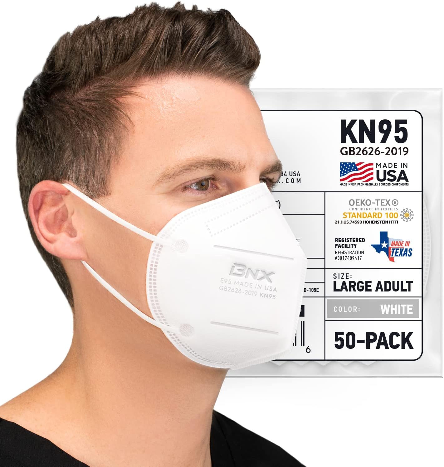 AccuMed BNX KN95 Face Masks Made in USA (Adult Large, Adult Medium, Kids Small) (Earloop) (Model: E95/E95M/E95S)