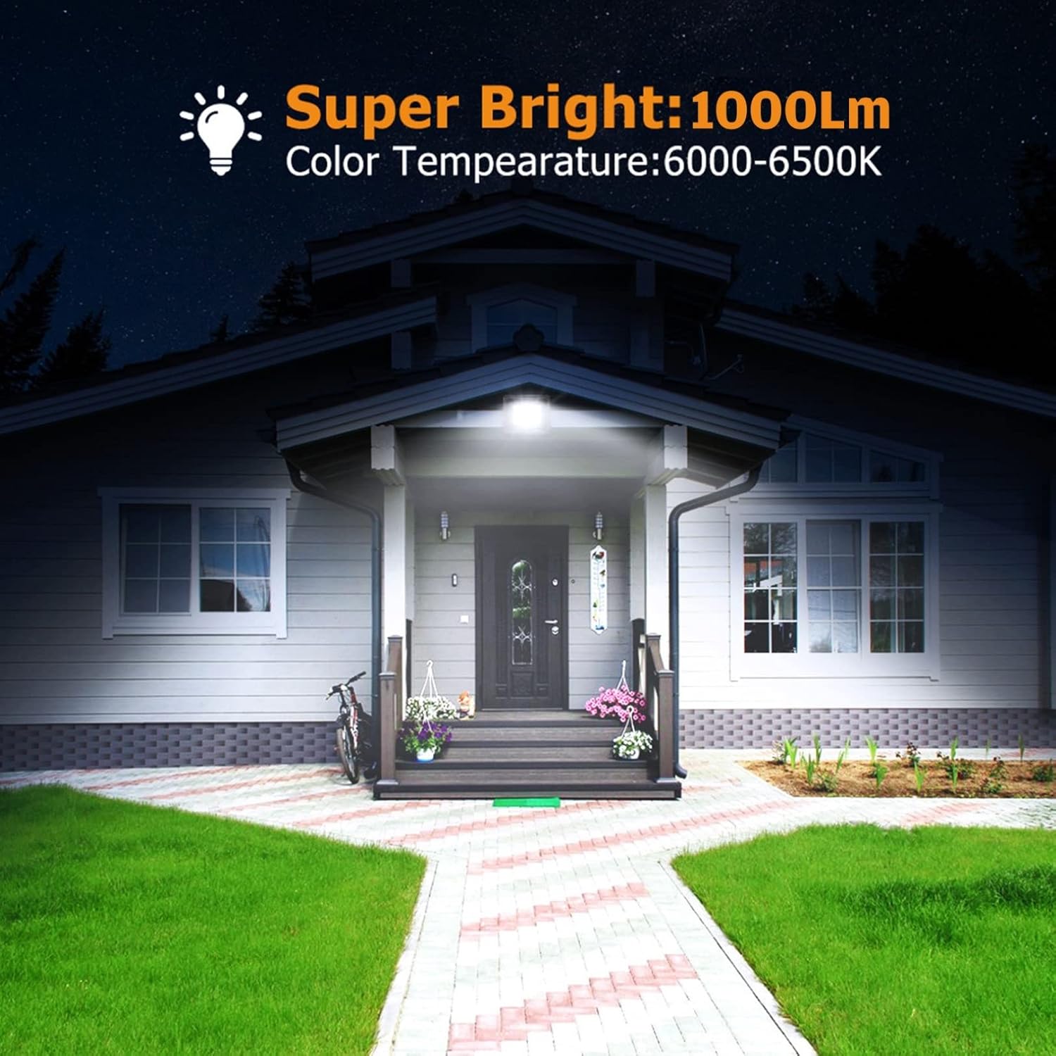 IINCOOY LED Floodlight mounted above a house entrance, providing super bright 1000Lm illumination with a color temperature of 6000-6500K.