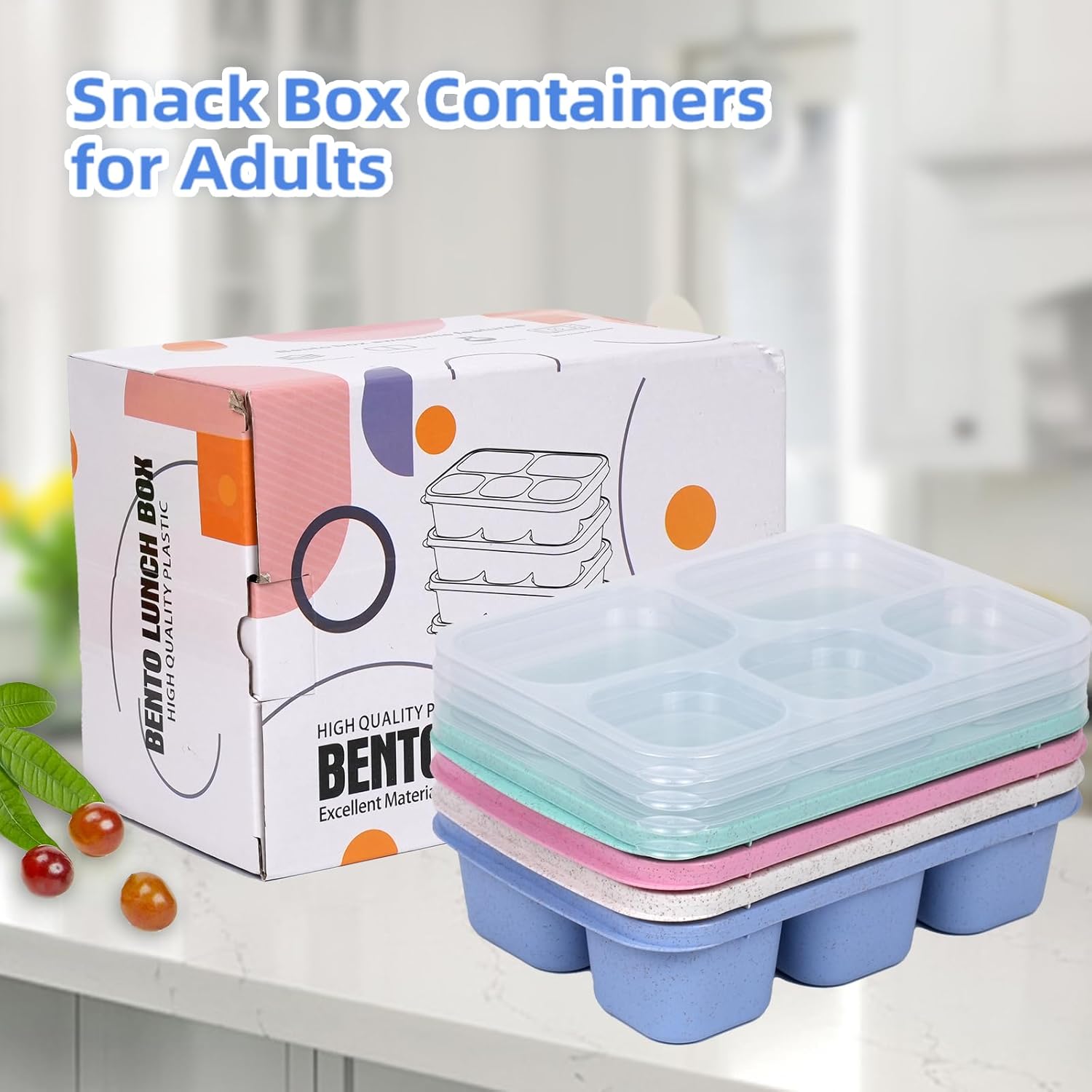 Snack Box Containers for Adults-4 Pack, 5-Compartment Snack Box Made of Food Grade Wheat Straw for Kids and Adults, Reusable Bento Lunch Box for School, Work, and Travel