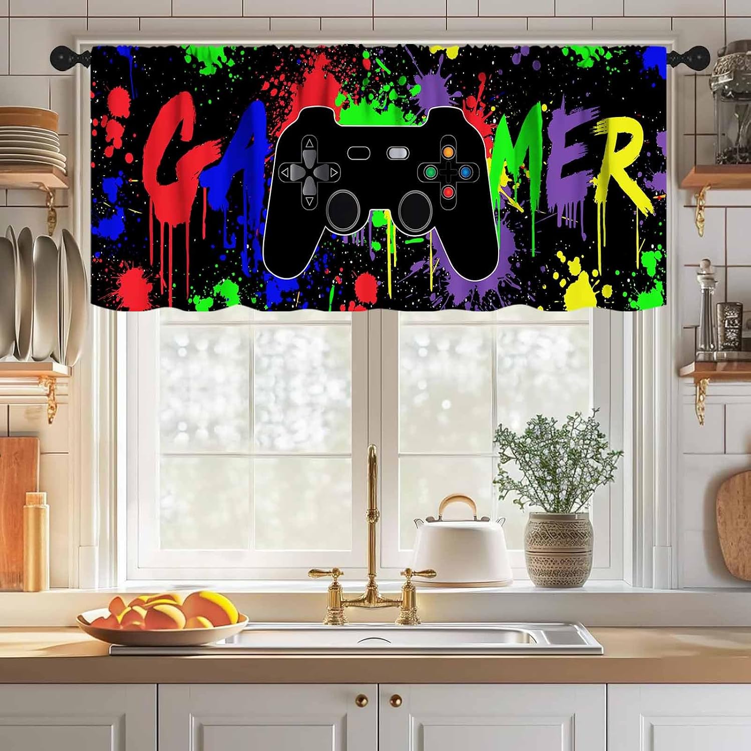 Gaming Curtains Window Valance,Colorful Graffiti Gamepad Video Gamer Themed Window Treatments Drapes for Teen Kids Boy Bedroom Living Room Playroom 1 Piece,54x18 Inch image 3