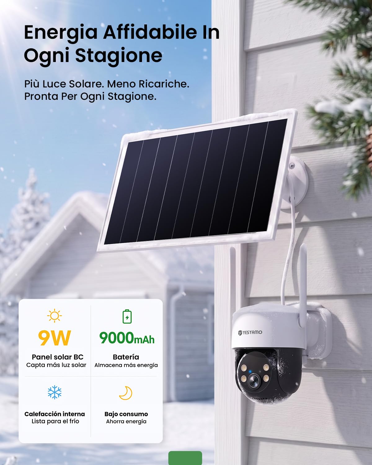 YESYAMO 4MP AOV Telecamera WiFi Esterno con Tracciamento Automatico | Monitoraggio Continuo 24/7 Telecamera Solare 360° PTZ con Rilevamento AI 30m, Batteria 9000mAh, Allarme Sono/Lumière, 2,4GHz