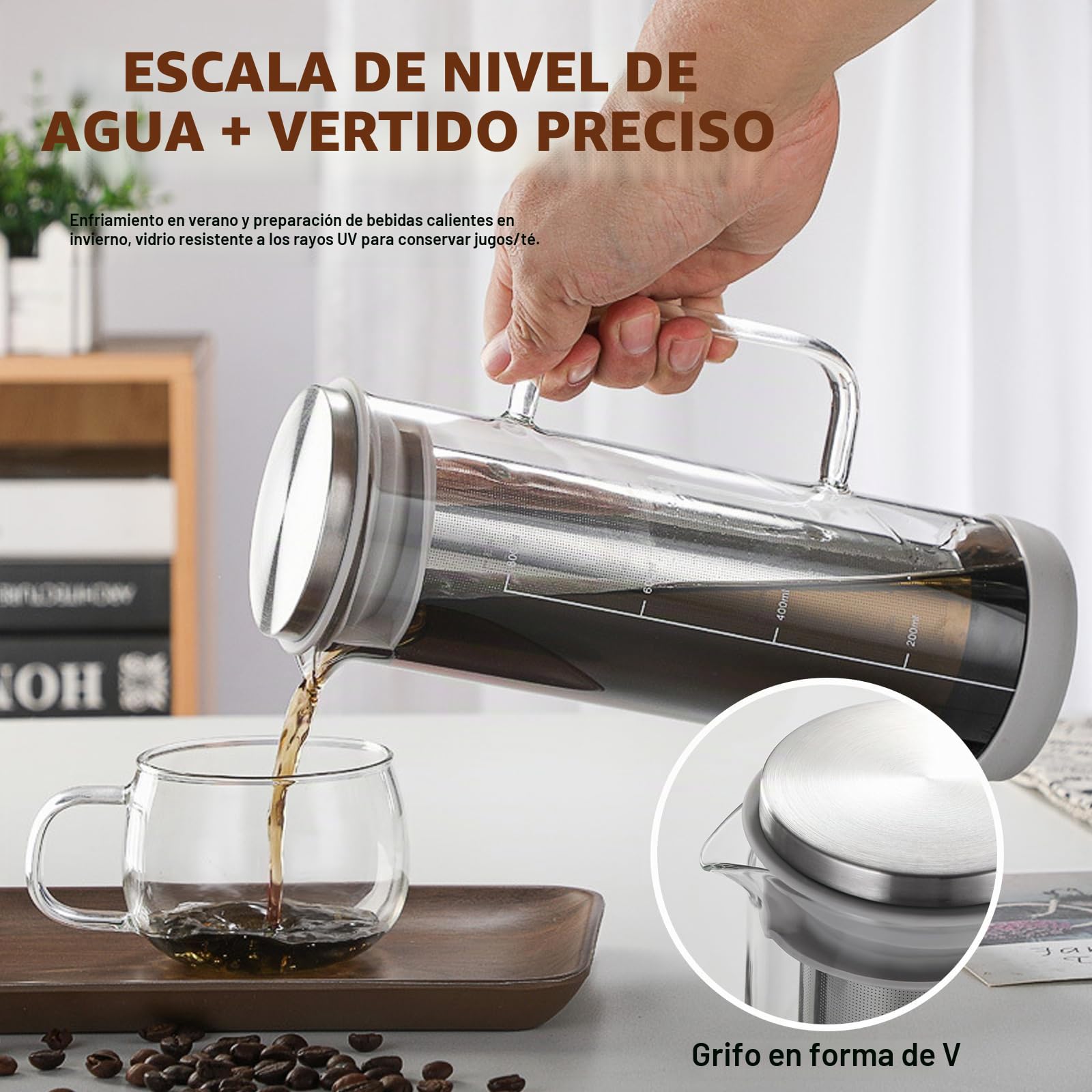 Cold Brew - Cafetera de 800 ml, cold brew coffee maker, cafetera Cold Brew, tapa con asa y filtro de acero inoxidable, apta para actividades al aire libre, portátil, para café helado, té helado