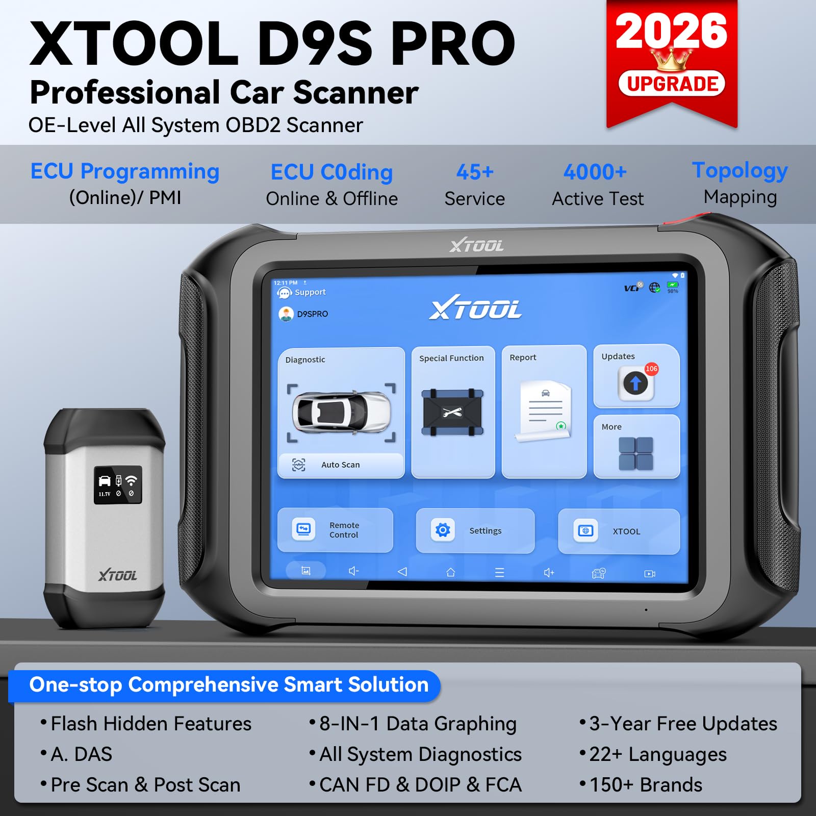 XTOOL Escáner de diagnóstico de Coche D9 de Nivel OE 2023 con actualizaciones de 3 años, mapeo de topología, codificación ECU y PMI, más de 42 reinicios, programación de Teclas, Controles