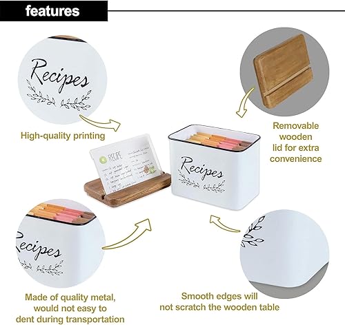 Miniatura 6 de NIKKY HOME Caja de organización de recetas de metal de cocina de 4 x 6 pulgadas, patrón de hojas con 24 tarjetas y 8 divisores, color blanco