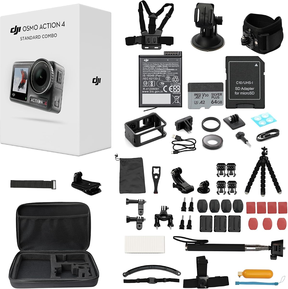 Osmo Action 4 Waterproof Action Camera Bundle, 1/1.3" Sensor | 4K/120fps Video, Stunning Low-Light Imaging, Original Standard Combo + 58 Piece Accessory Kit + Extra 64GB Card