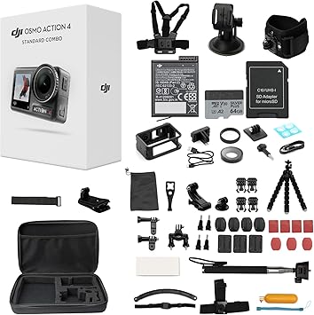 DJI Osmo Action 4 Waterproof Action Camera Bundle, 1/1.3" Sensor, 4K/120fps Video, Stunning Low-Light Imaging, Original Standard Combo + 58 Piece Accessory Kit + Extra 64GB Card