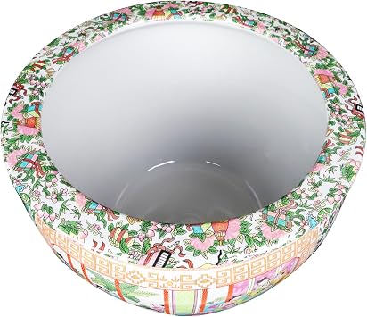 Rose Medallion Porcelain Fishbowl 14 Diameter with Swimming Gold Fish Inside