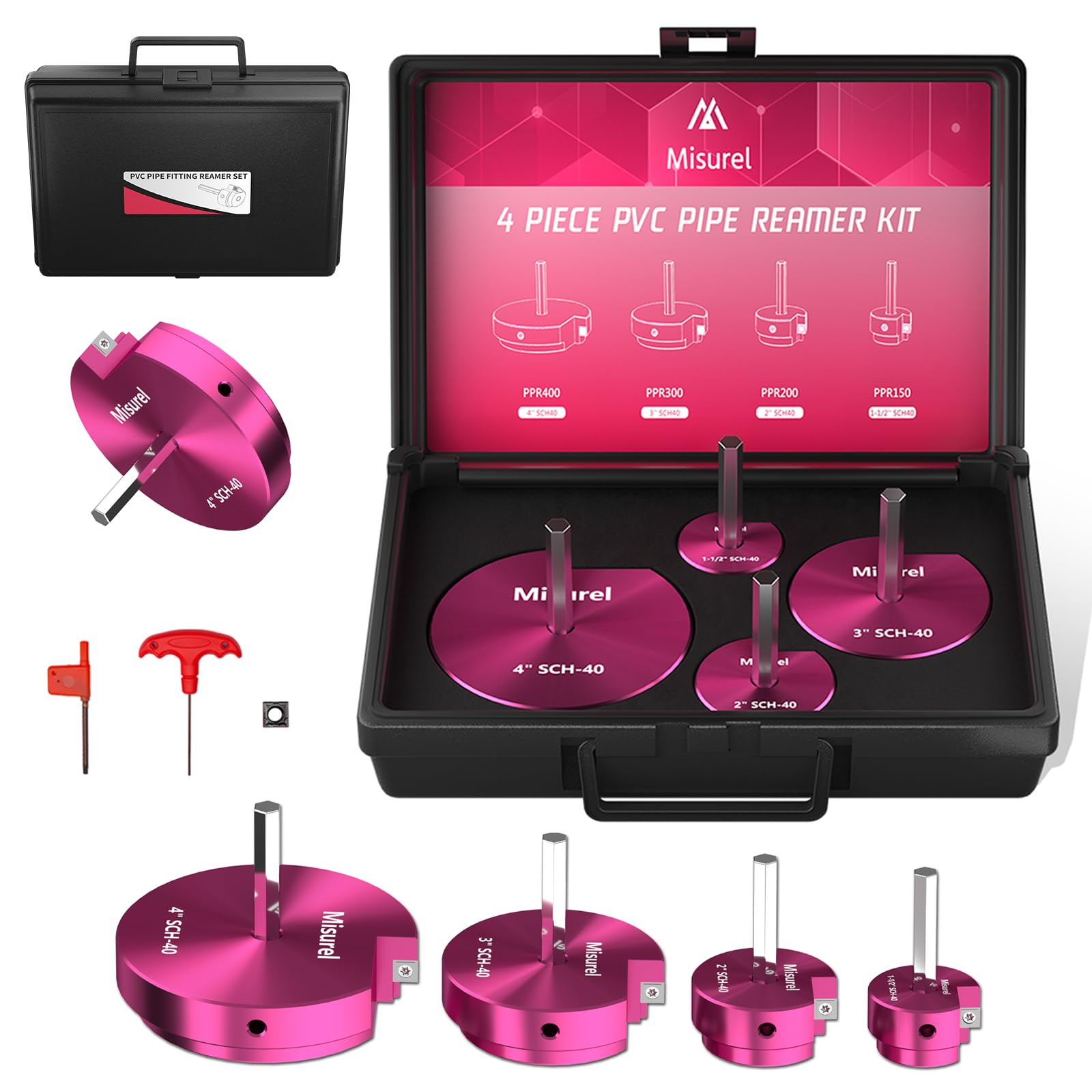 - 4 Pcs PVC Pipe Reamer Kit With 1-1/2inch, 2inch, 3inch, 4inch, 1 Carbide Insert, Aluminum PVC Fitting Saver, Plumbing tools for SCH40