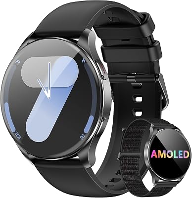 Blackview Smartwatch Herren Damen, AMOLED-Bildschirm, Virtuelle Always-On-Uhr, tätigen/empfangen, Sportuhr mit Puls-Schlaf-SpO2-Schritte-Kalorien-Kilometer, 2 Armbänder (Silikon/Nylon),für Android iOS
