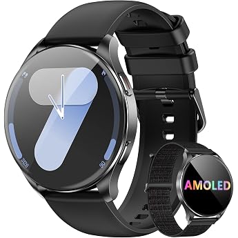 Blackview Smartwatch Men Women AMOLED Screen Virtual Always-On Watch Activate/Receive Sports Watch with Pulse Sleep SpO2 Steps Calorie Kilometre 2 Wristbands Silicone/Nylon for Android iOS
