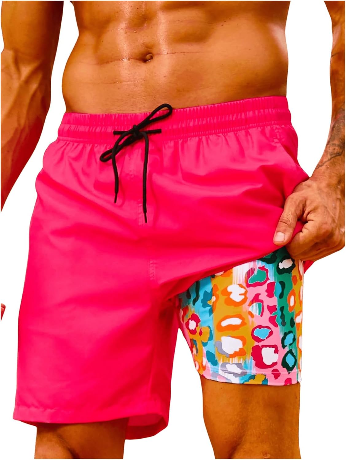 Floerns Men's Beach Swim Trunks with Compression Liner 7 Inch Quick Dry Swim Board Shorts Swimwear Bathing Suits Swimsuit