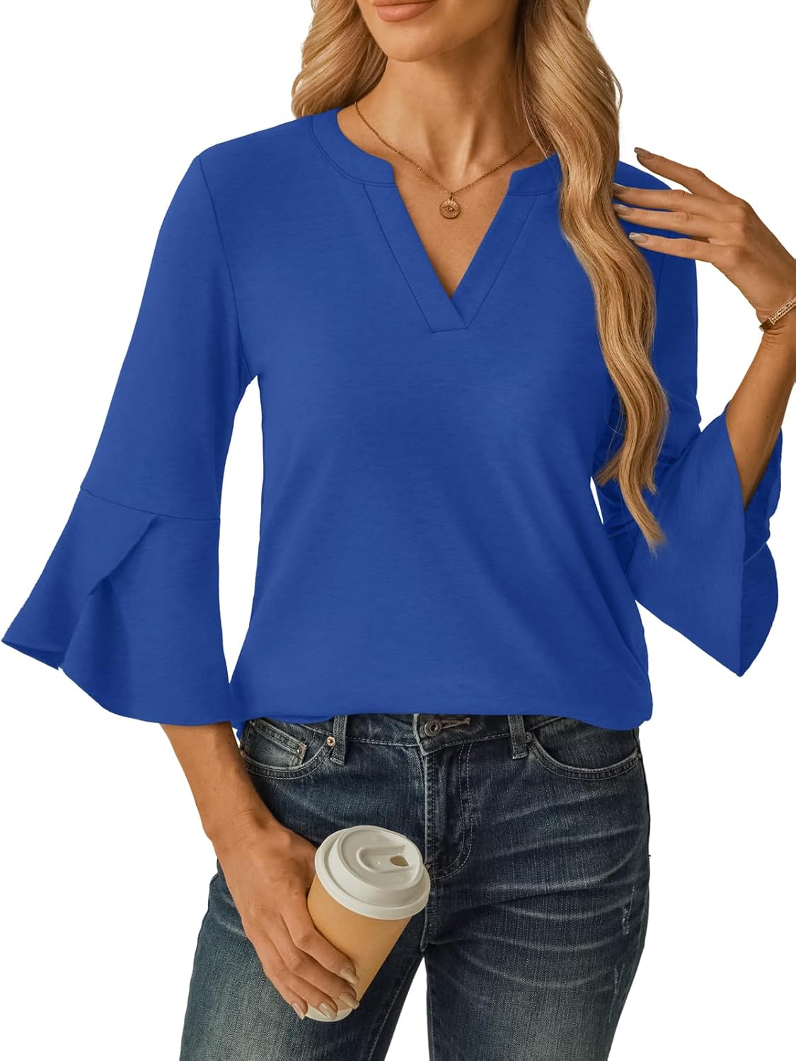 Women's Blouses Ruffle 3/4 Sleeve Dressy Top V Neck Casual Tunic Blouses Business Shirts S-XXL - Image 3