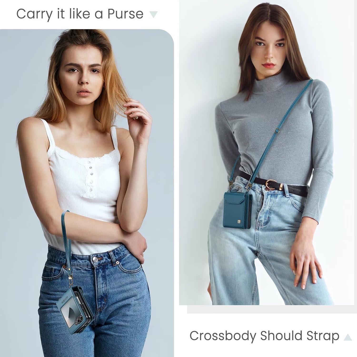 Crossbody Wallet case for Samsung Galaxy Z Flip 6 / Flip 7 FE with 7 Card Slots, RFID Blocking and Adjustable Shoulder Strap. Wallet case for Women Blue