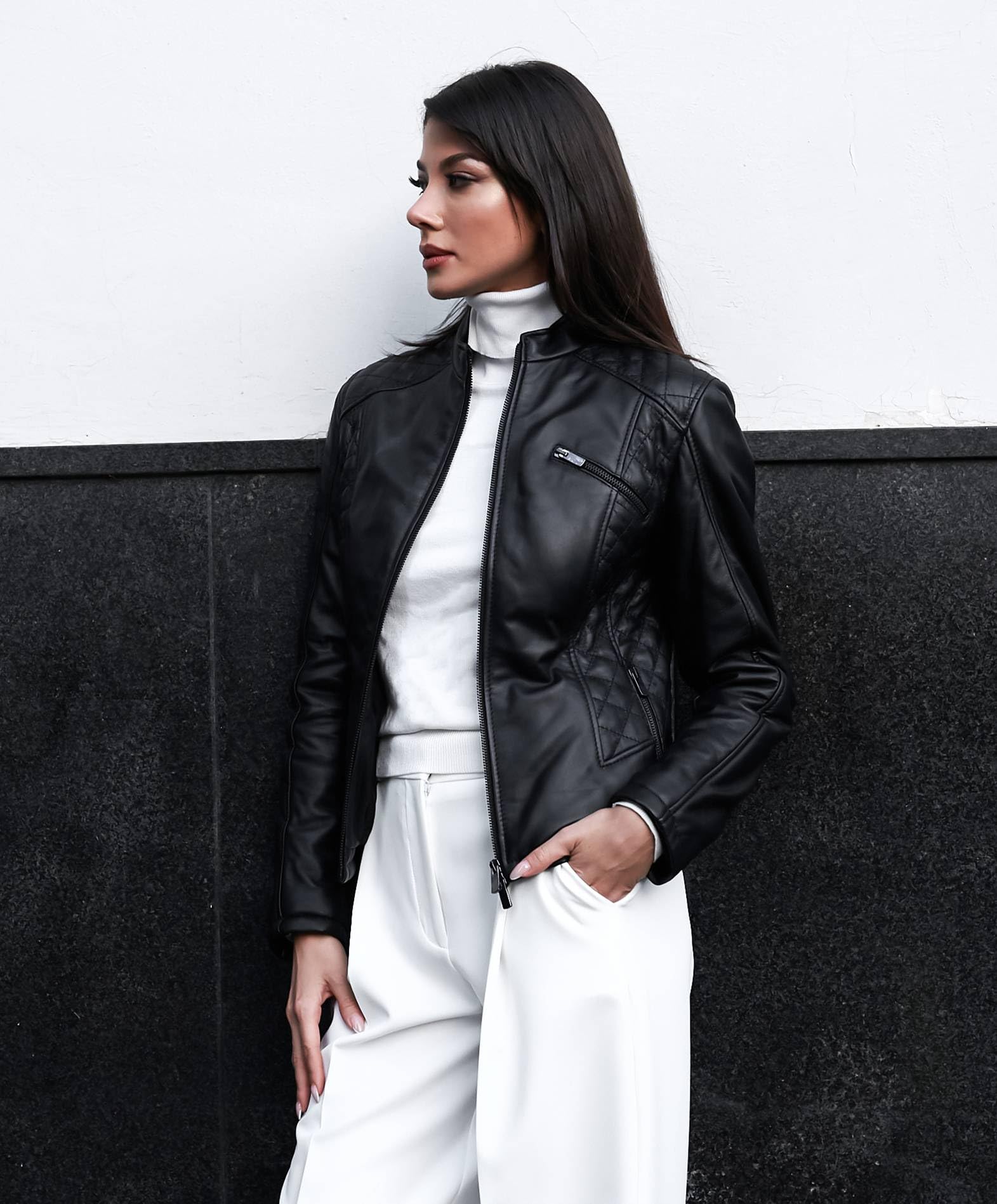 D'Arienzo Giacca in Pelle Donna Nera Trapuntata Giubbino Biker Giubbotto Moto Vera Pelle Made in Italy GENY