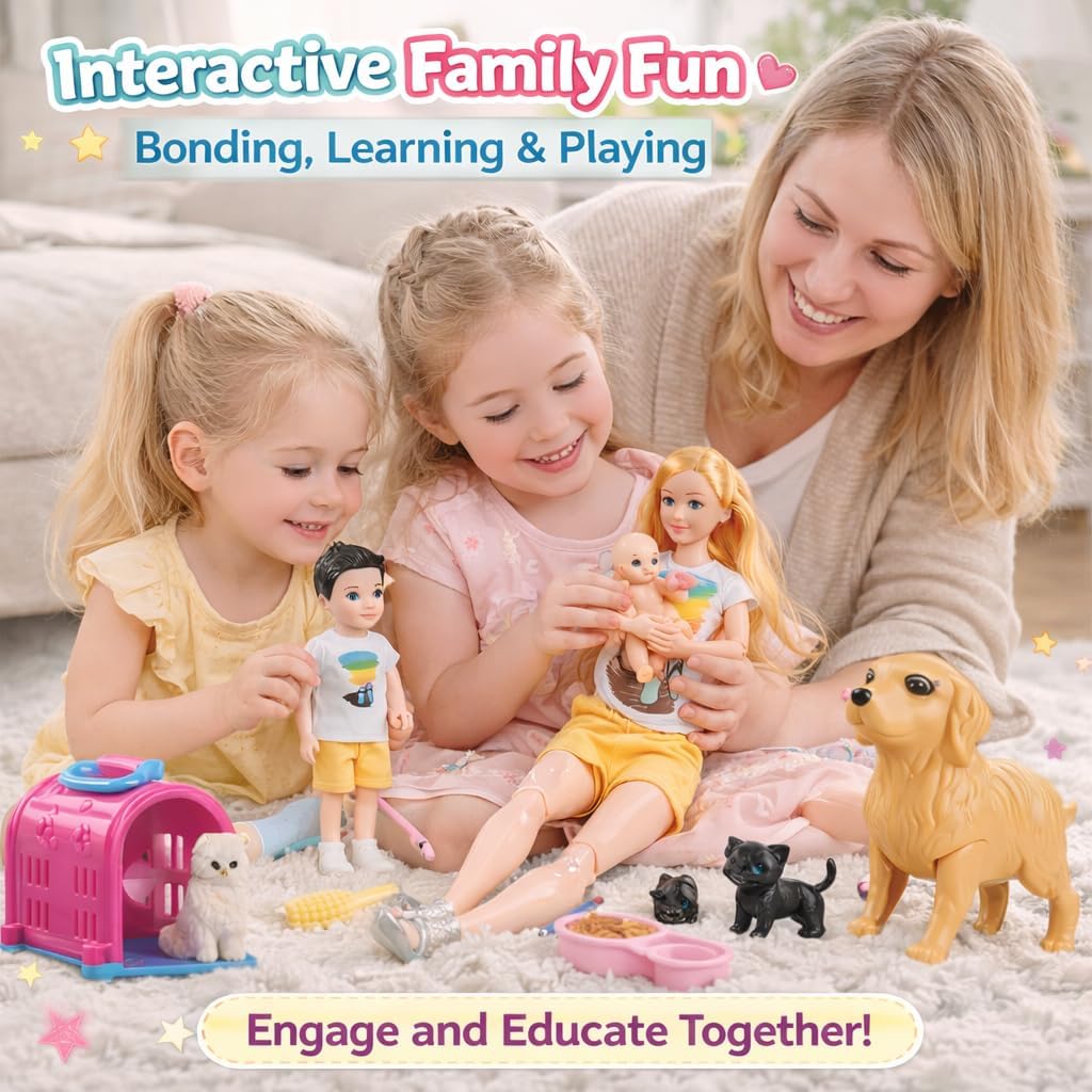 Family Doll Playset for Kids with Pregnant Mom Doll, Dad, Kids, Dollhouse Pets & Accessories – Pretend Play Toy Set for Boys & Girls, Interactive Family Storytelling Imagination Gift