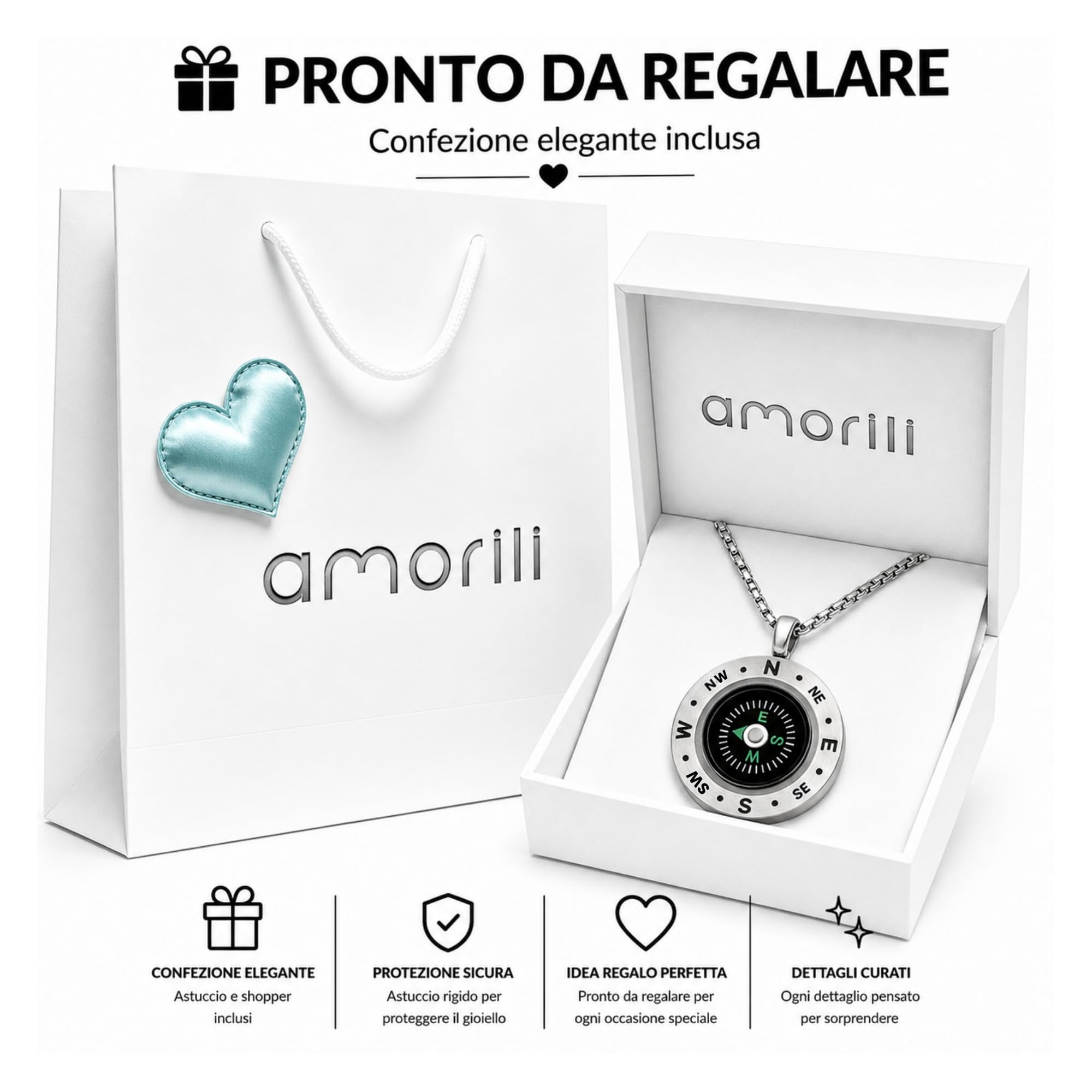 Collana Uomo con Bussola Marina Nera in Acciaio Inox – Gioiello Nautico Elegante, Regalo per Amanti del Mare e della Navigazione